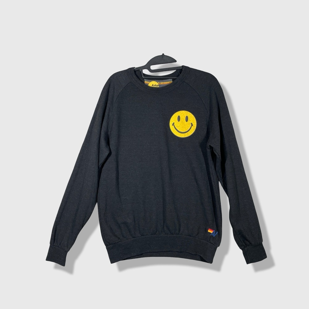 Aviator Nation Smiley Face Sweatshirt Women S Black Surf Retro Indie Streetwear